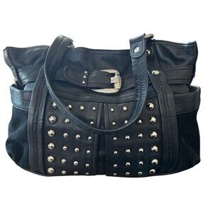 B Makaowsky Studded Shoulder Bag Black Leather Suede Purse Cheetah Lining